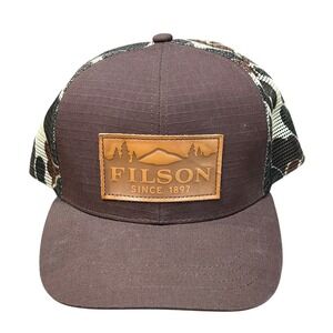 Filson Logger Mesh Cap Hat Brown Camo Scenic Ripstop Leather Patch Snapback